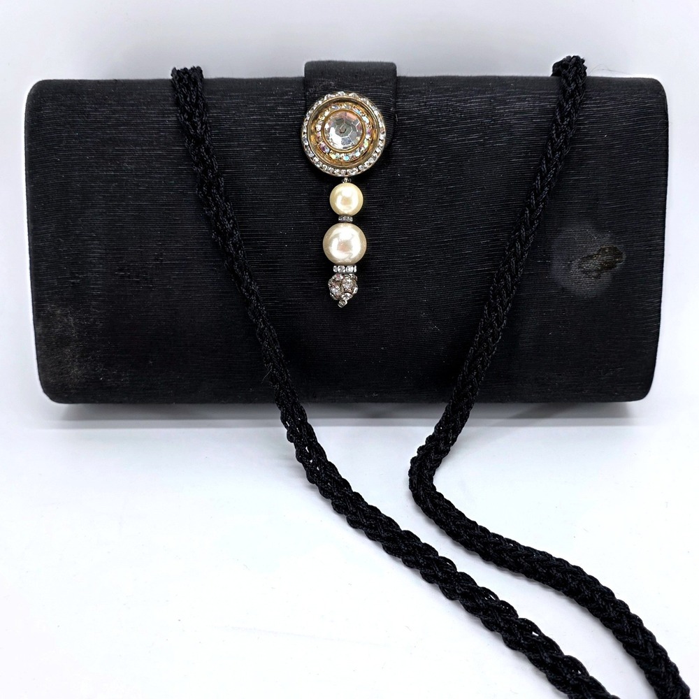 Vintage Rafael Sanchez Evening Clutch Black Silk‎ Jeweled Pearl Bag 80s Glamour